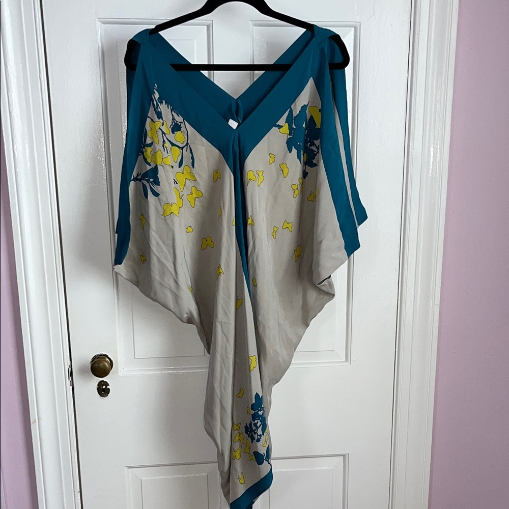 Richard Ruiz Elegant Teal and Yellow Silk Floral Kaftan  Dress